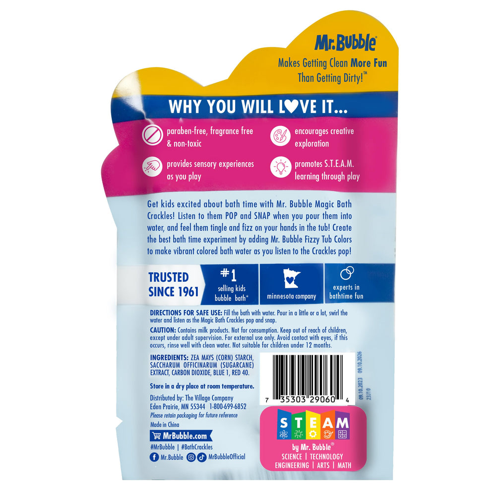 Mr. Bubble Magic Bath Crackles offer kid-friendly, colorful bath fun.