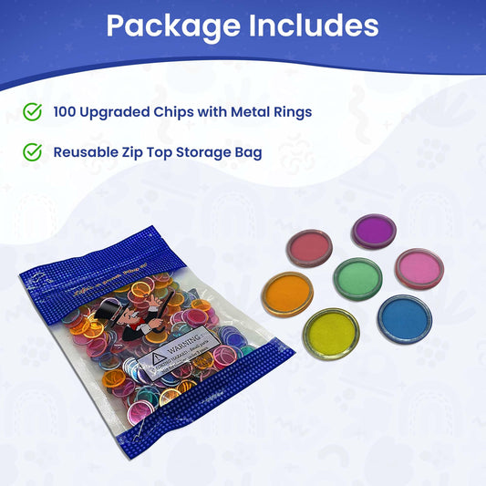 MR CHIPS transparent 3/4 inch chips in seven colors ready for bright game nights.
