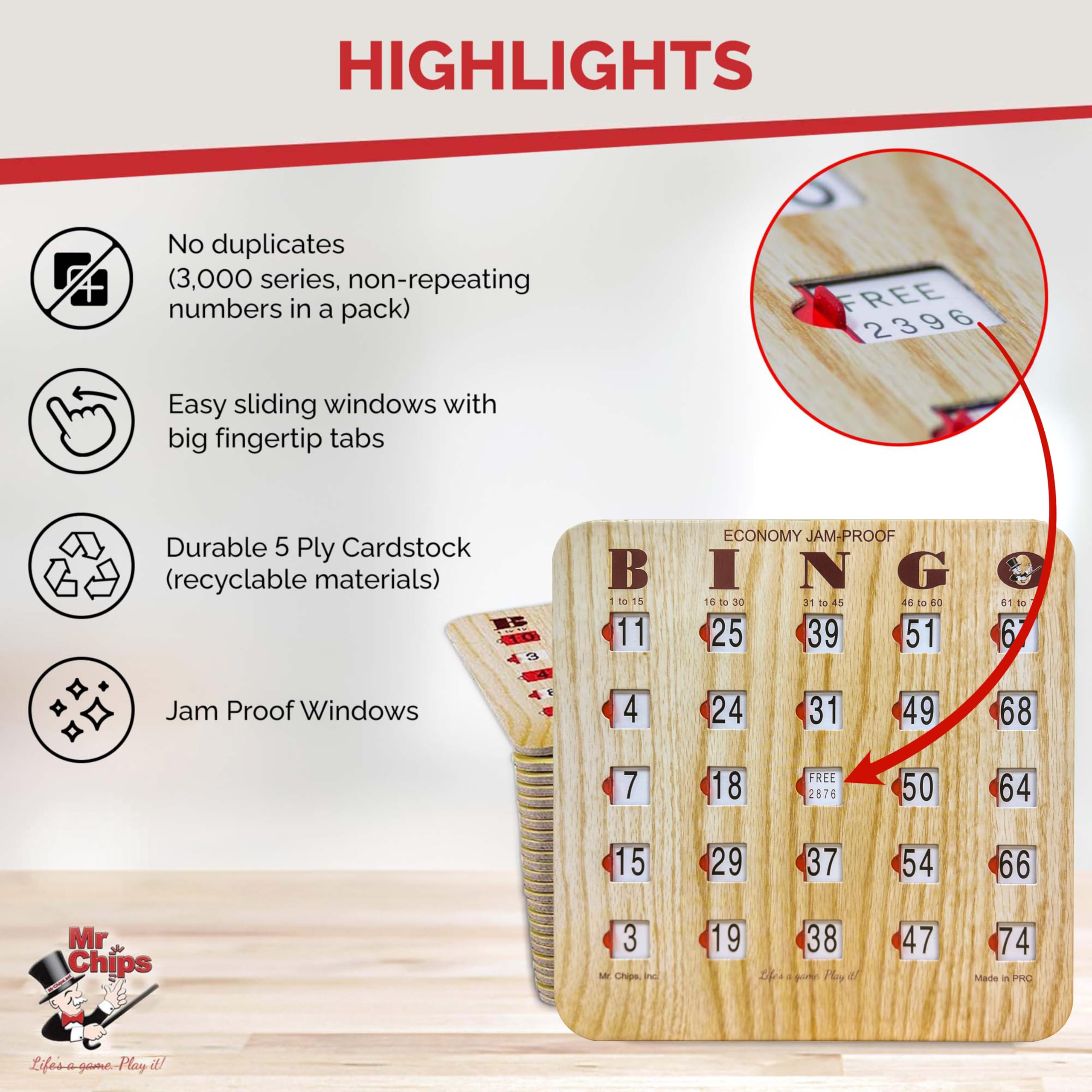 MR CHIPS sliding-window bingo card demonstrates compact, easy-held design