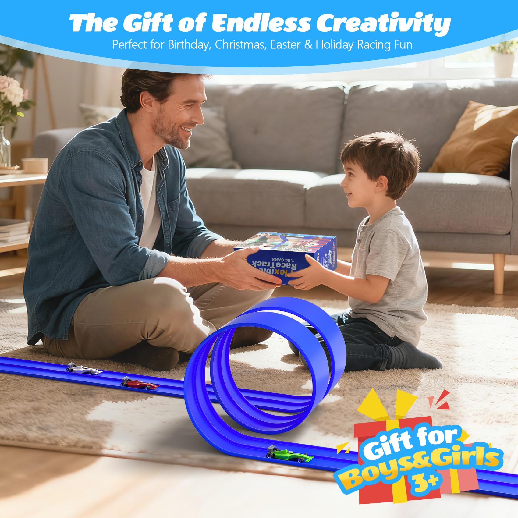 Included four diecast cars compatibly brighten kids' racing collections.