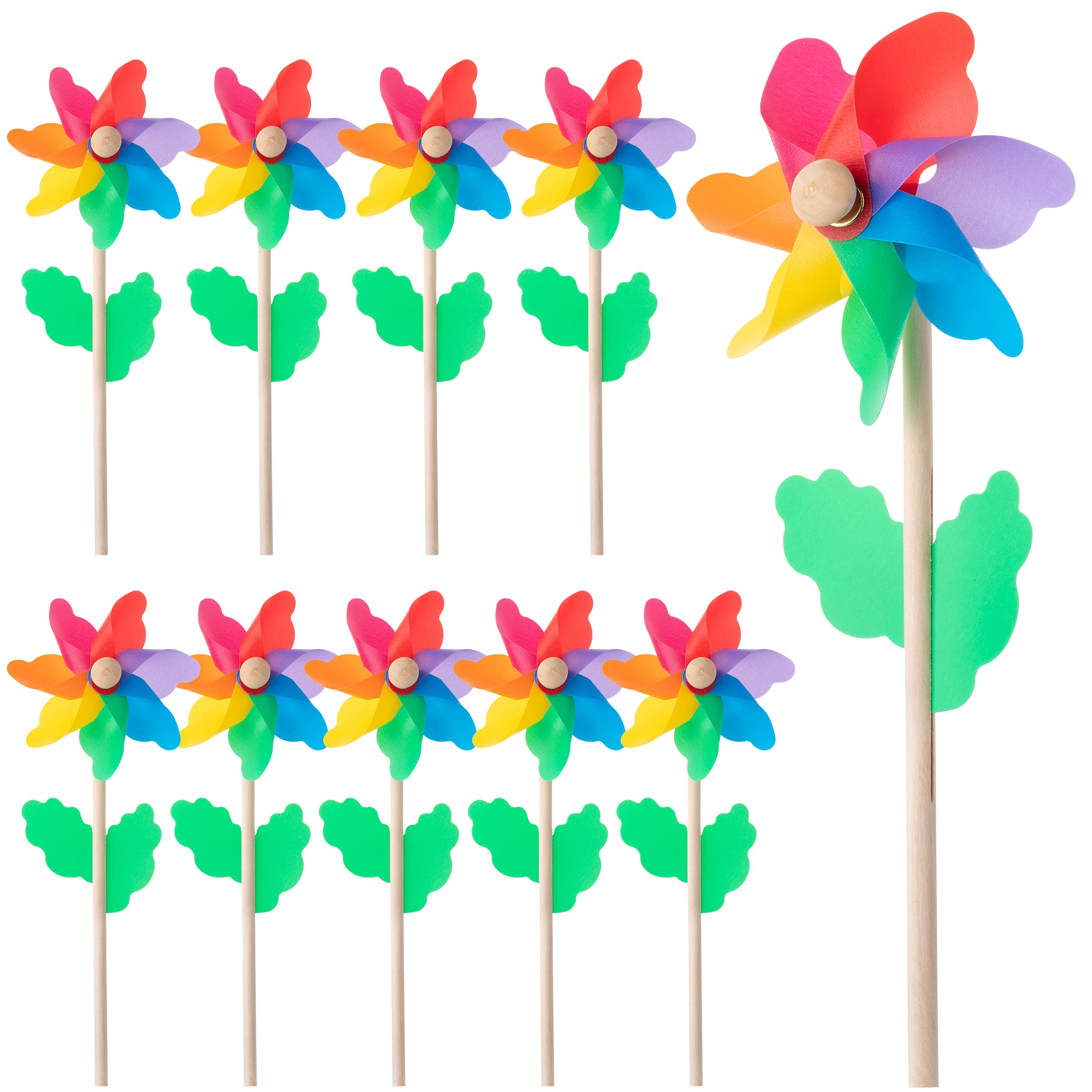 Mr. Pen rainbow flower pinwheels brighten the garden in a breezy day