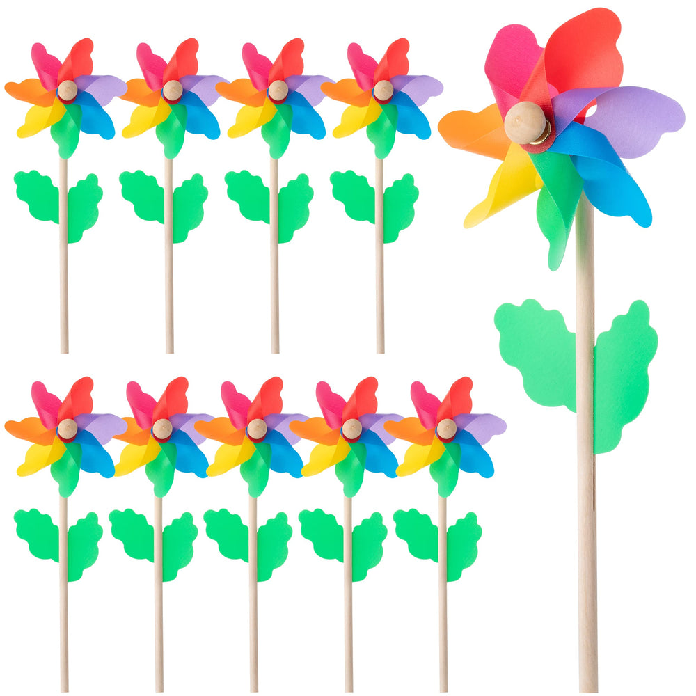 Mr. Pen rainbow flower pinwheels brighten the garden in a breezy day