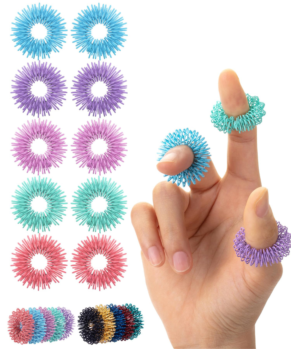 Mr. Pen spiky sensory rings 10-pack on a hand for tactile focus.