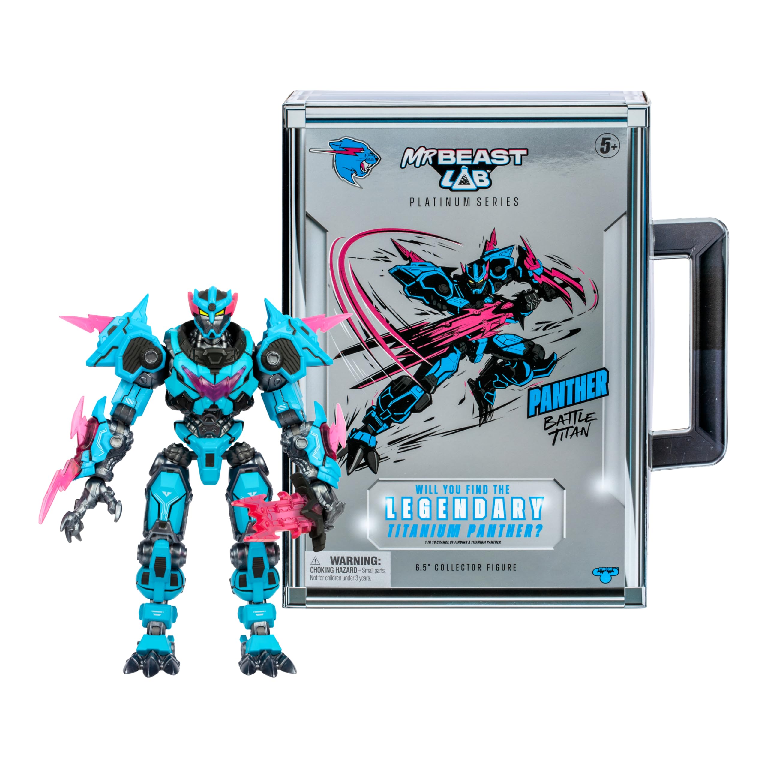 MRBEAST LAB Panther Battle Titan figure beside the briefcase sleeve for dramatic reveal.