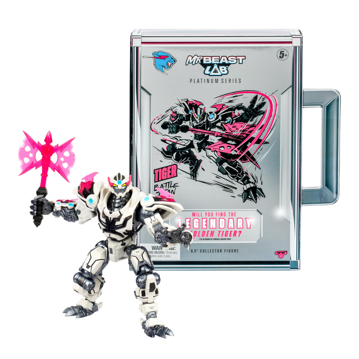 MRBEAST Lab Platinum Tiger figure emerging from the briefcase sleeve for display.