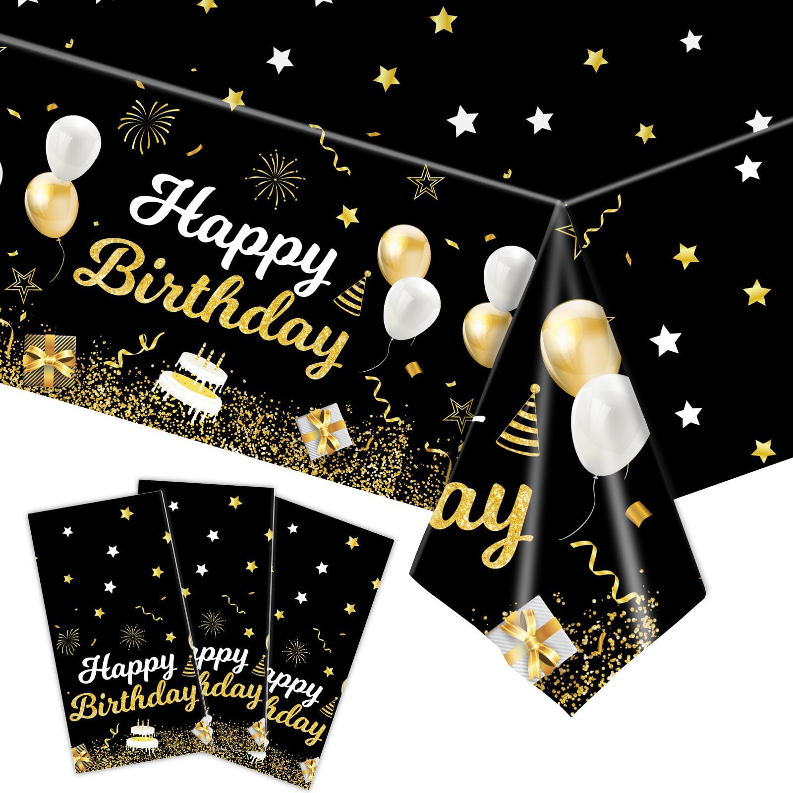 MRJ gold and black star tablecloth 54x108, ideal for birthday celebrations.