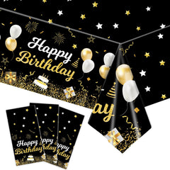 MRJ gold and black star tablecloth 54x108, ideal for birthday celebrations.
