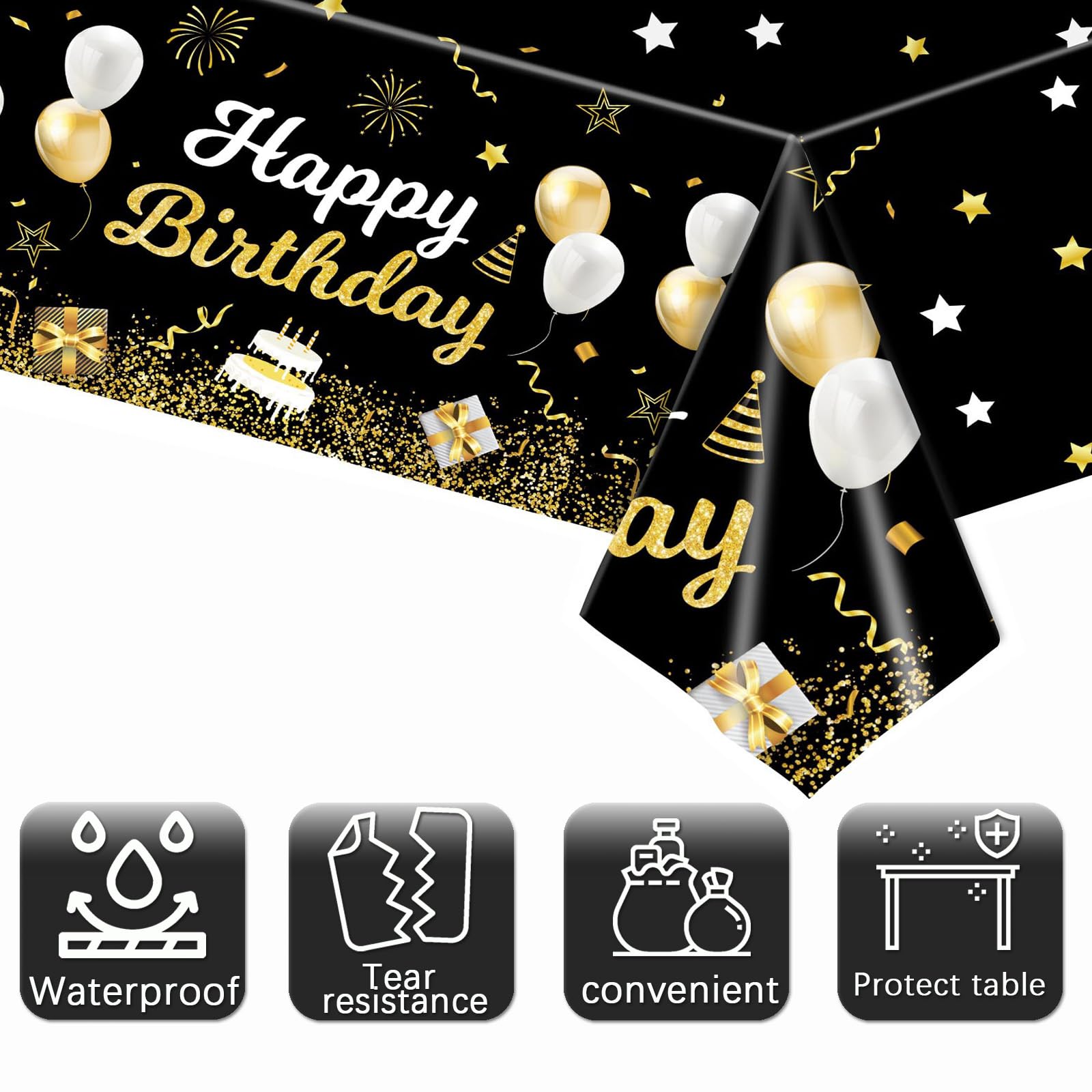 MRJ tablecloth with gold and black stars creates festive party styling.