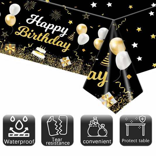 MRJ tablecloth with gold and black stars creates festive party styling.