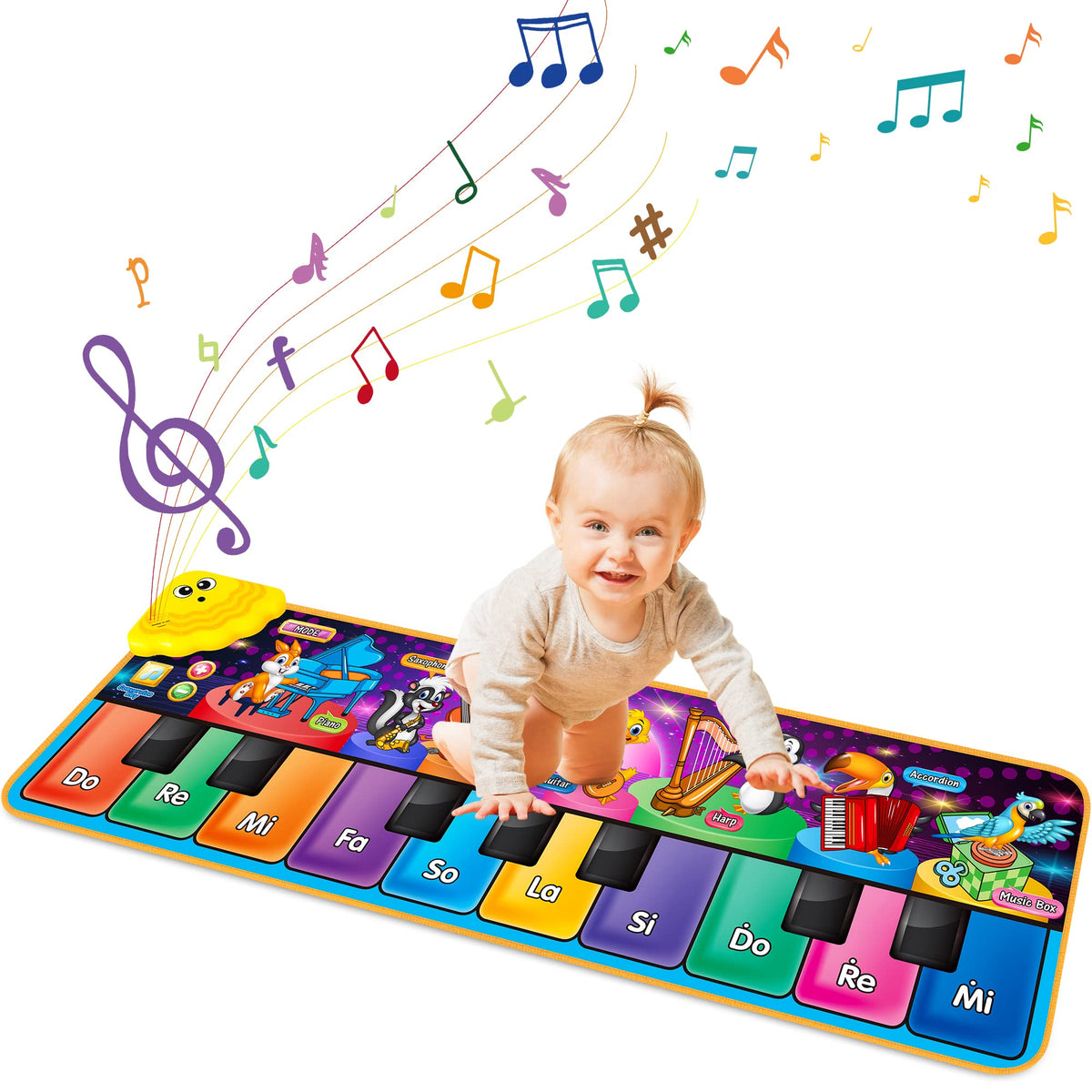 MR.TN Kids Musical Piano Mat front view with colorful keys for sensory play and early music exploration.