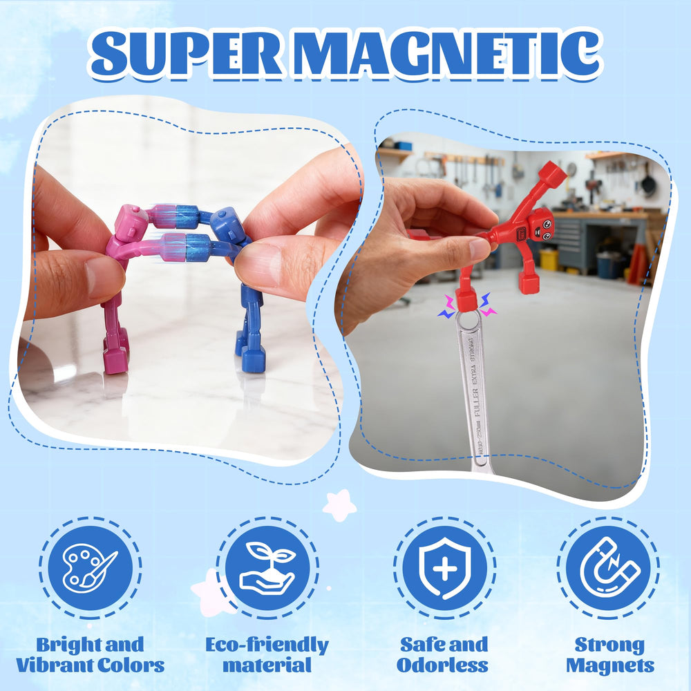 Mruikeny magnetic robot men construction demo on whiteboard or metal surface.