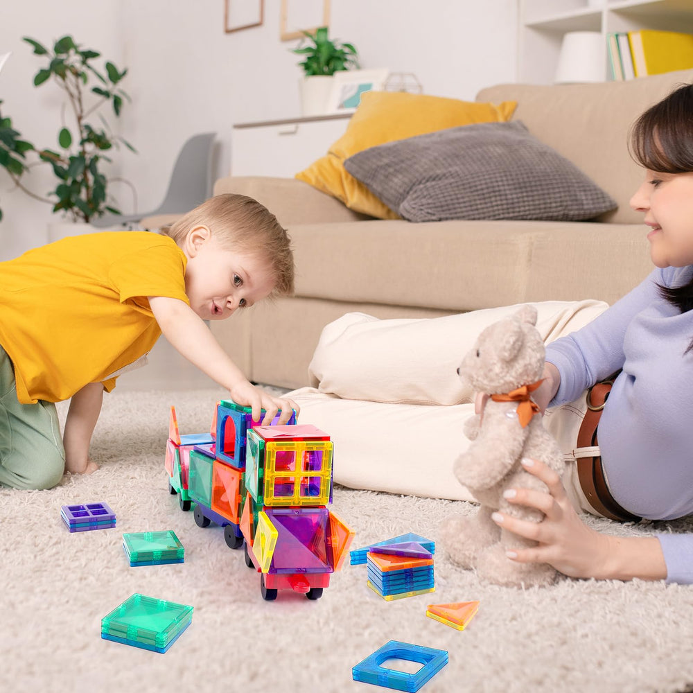 Mruikeny magnetic tiles cars family play setup for shared building fun