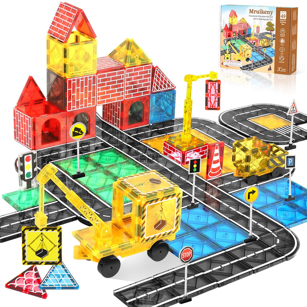 Mruikeny magnetic tiles road set with colorful pieces for city-building play and imagination