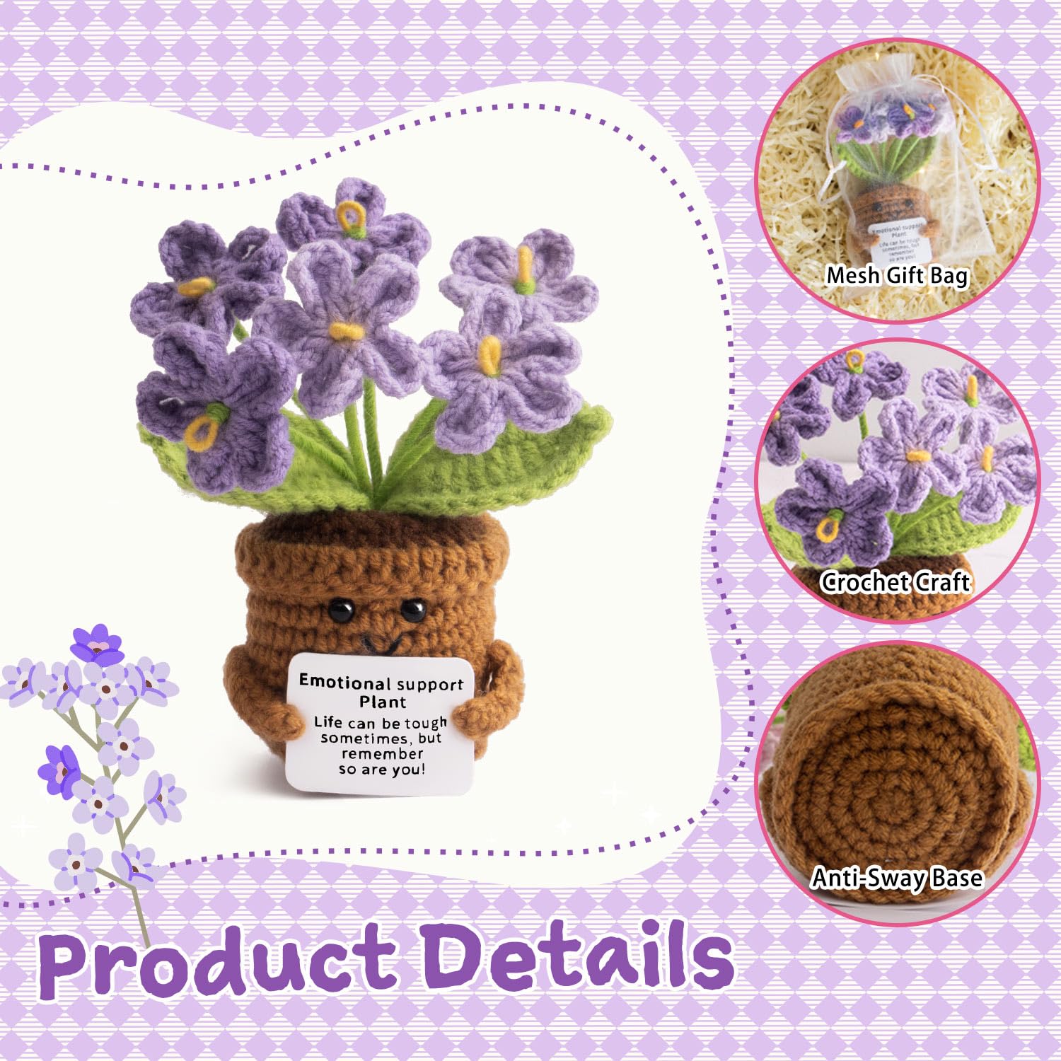 MS ZHENQIAO Myosotis-themed crochet doll adds playful charm to shelves.
