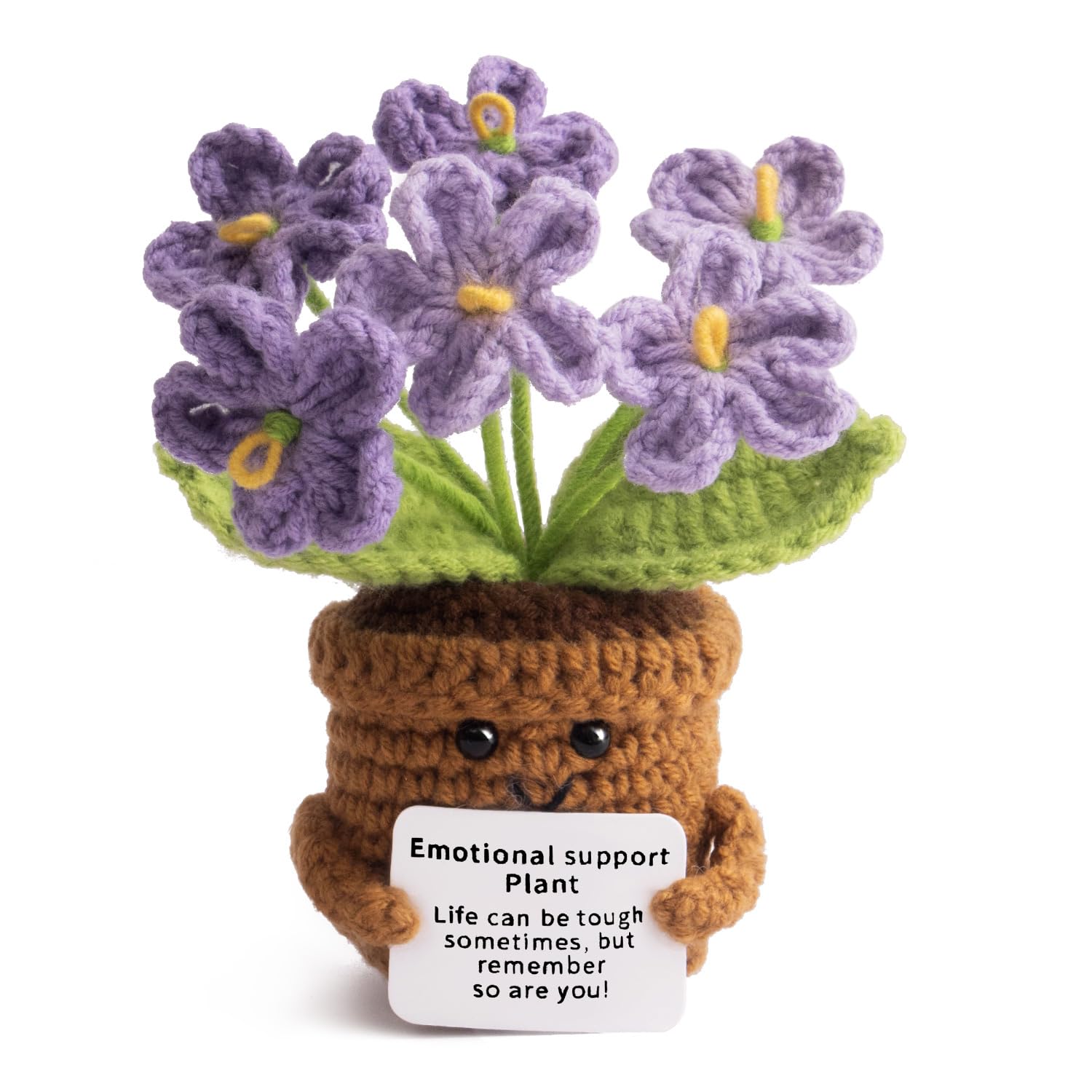 MS ZHENQIAO positive flower crochet doll with uplifting card for desk decor.