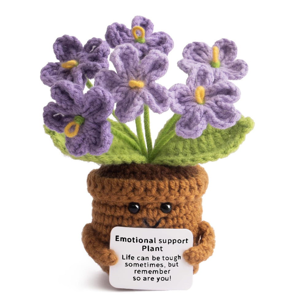 MS ZHENQIAO positive flower crochet doll with uplifting card for desk decor.