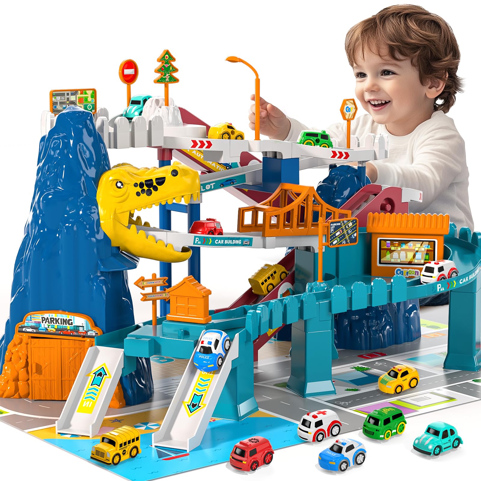 MSKOLER dinosaur race track assembly promotes parent-child cooperation during setup.