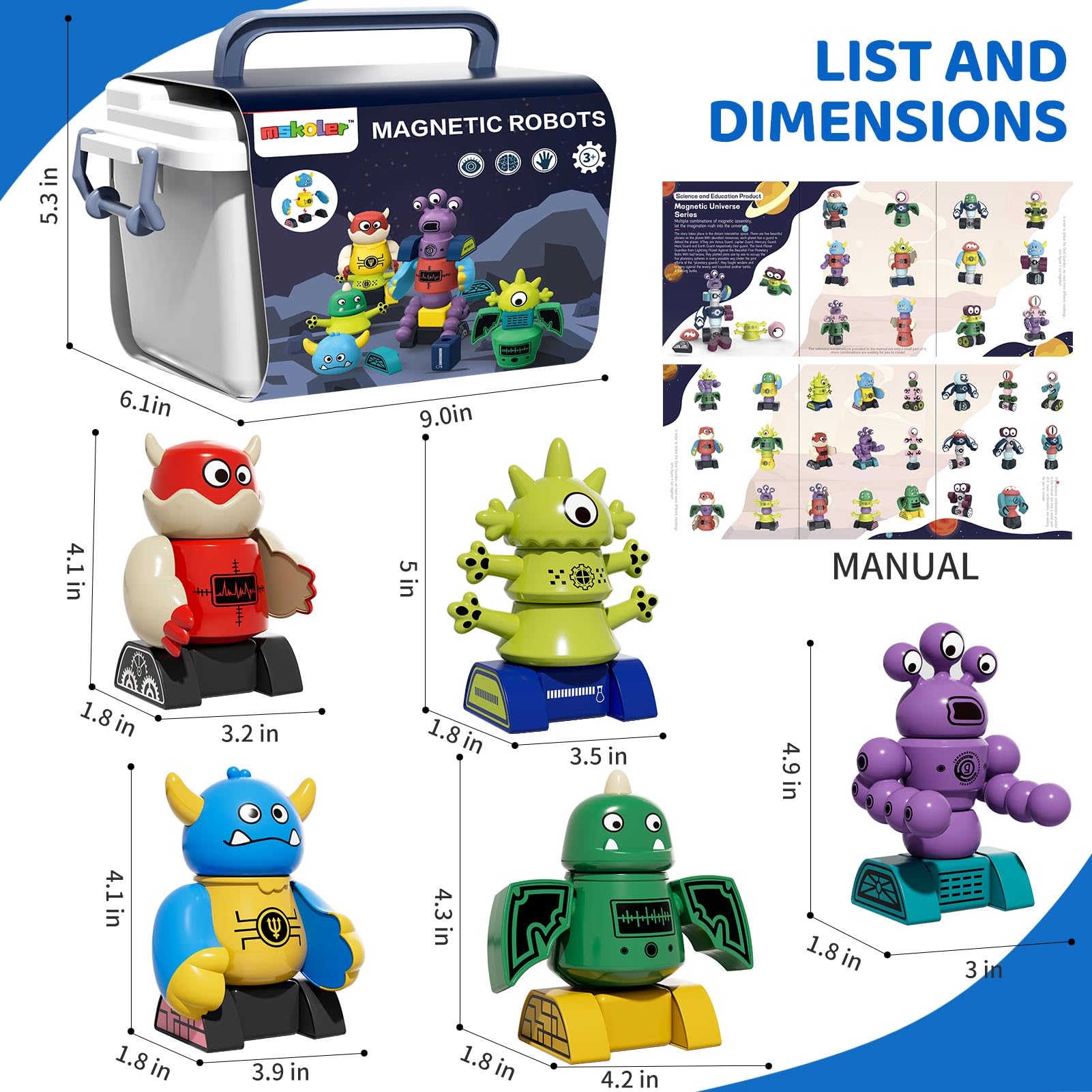 MSKOLER magnet robot toy storage box keeps pieces organized for cleanup.