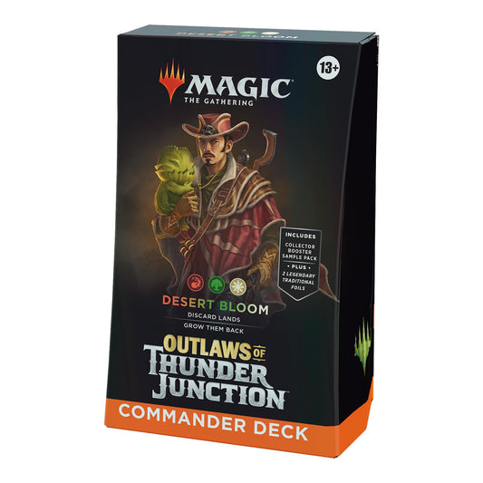 MTG Outlaws of Thunder Junction Desert Bloom deck box ready for multiplayer Commander battles.