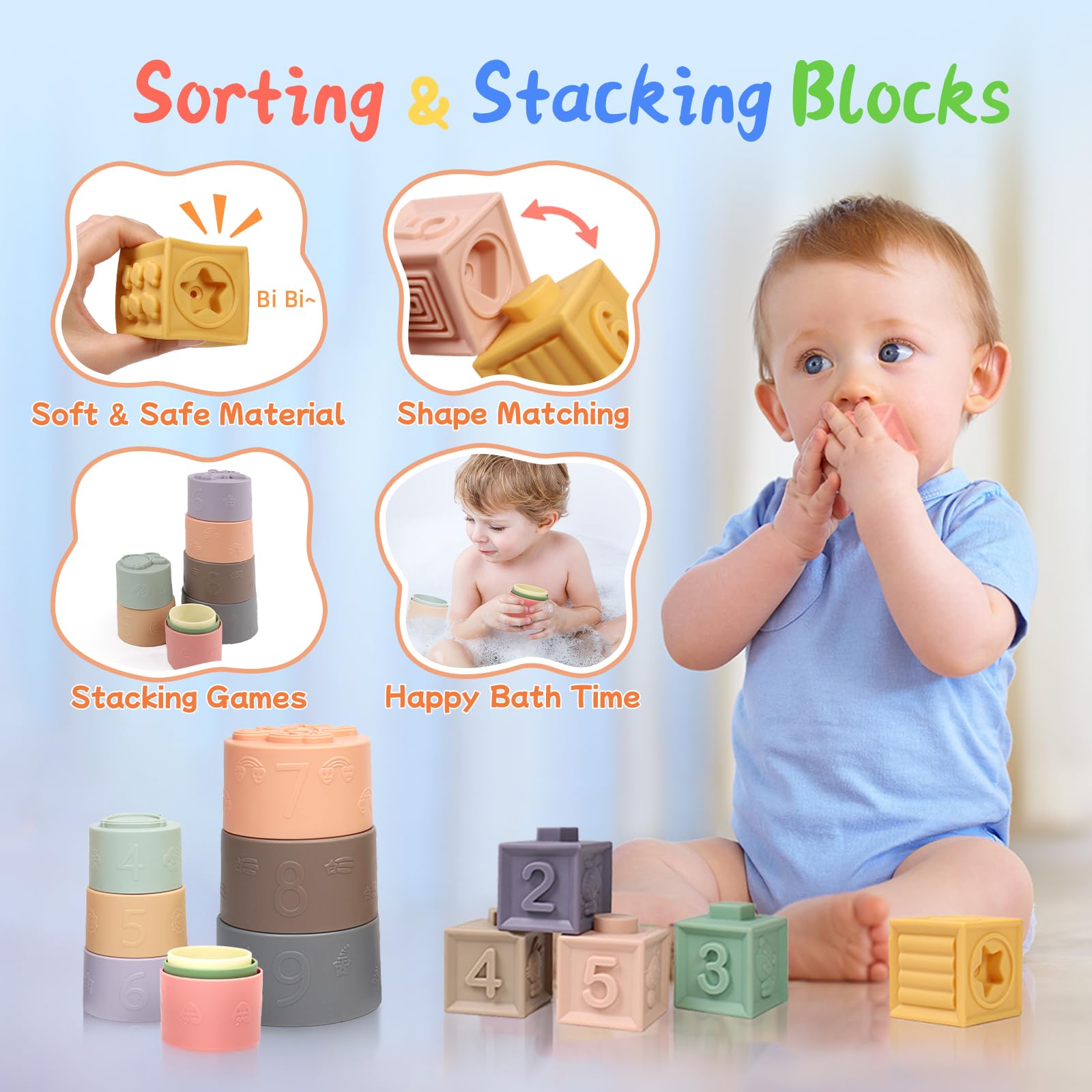 MTTIERY sorting and stacking blocks boost color, shapes, and hand-eye coordination.