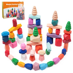 MTTIERY wooden stacking rocks close-up showcasing 50 pieces for toddler balance and focus.