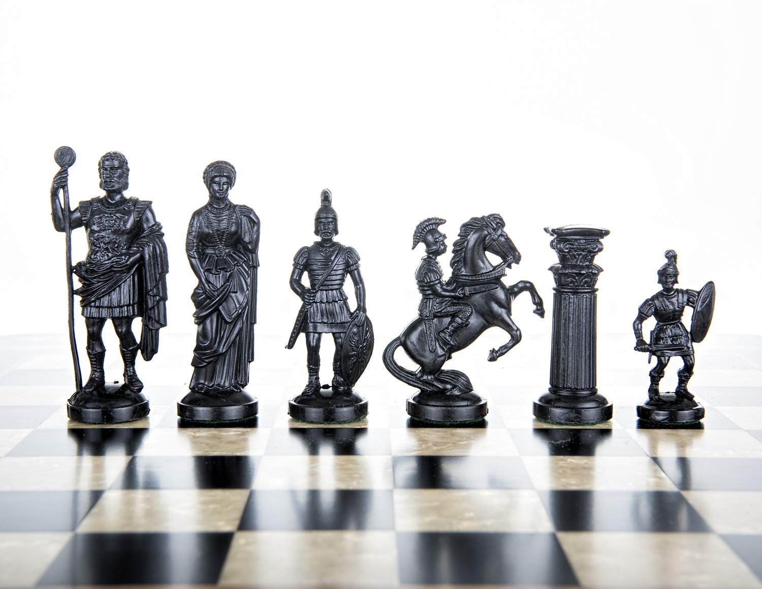 Muba Roman Legion chess pieces side view in cream and black, ready for play.