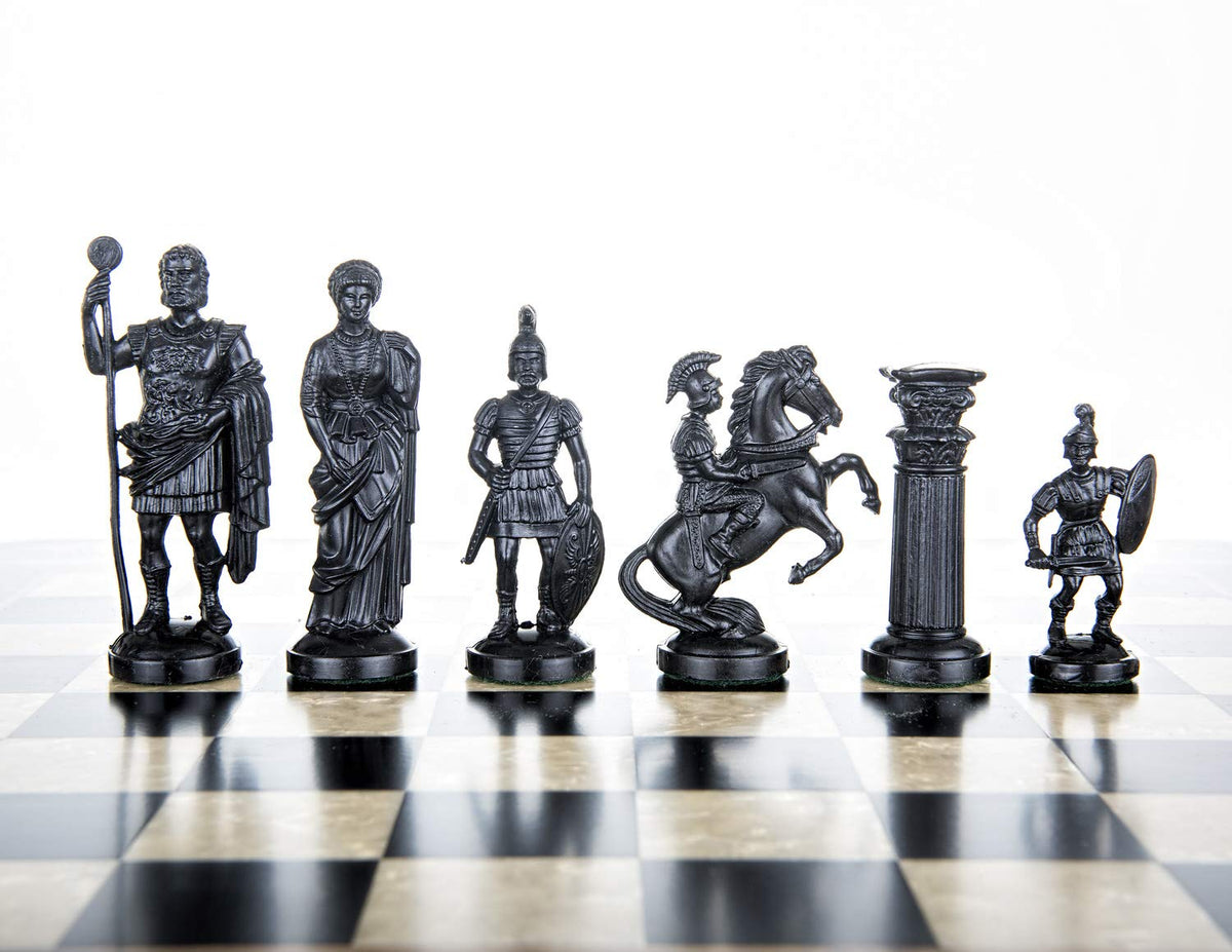 Muba Roman Legion chess pieces side view in cream and black, ready for play.