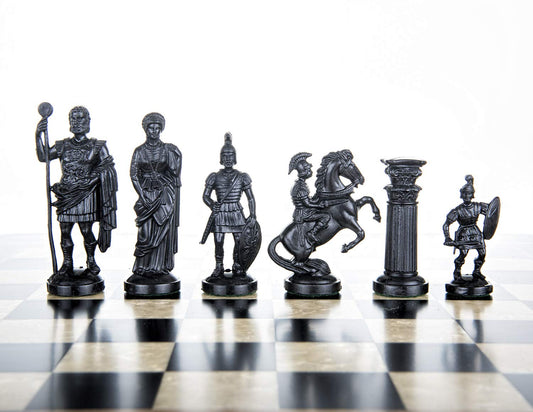 Muba Roman Legion chess pieces side view in cream and black, ready for play.