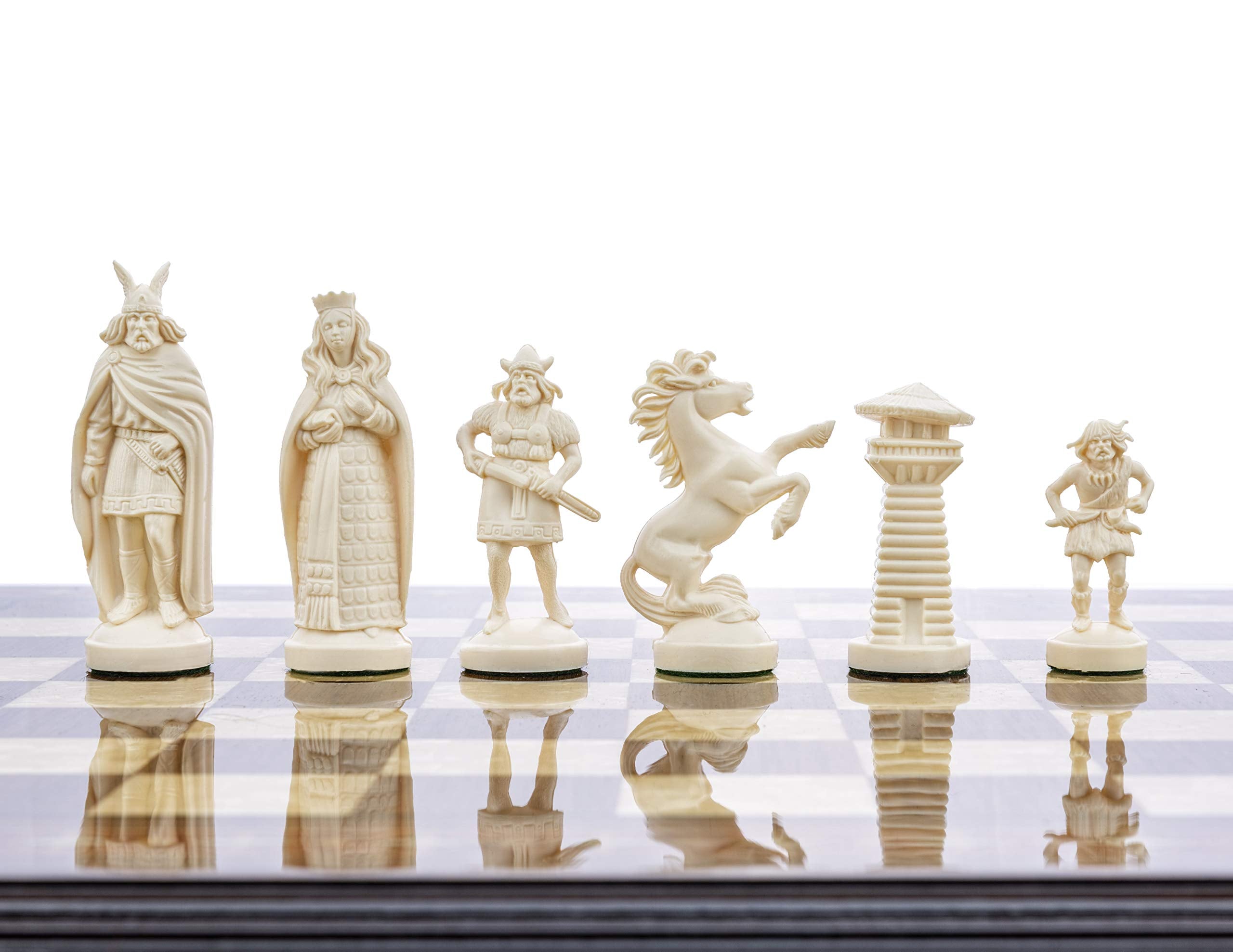 Muba Viking chess pieces in black and white with felted bottoms for smooth play.