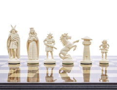 Muba Viking chess pieces in black and white with felted bottoms for smooth play.