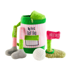 Mud Pie Pink Golf Plush Set bag view for imaginative play and easy carry.