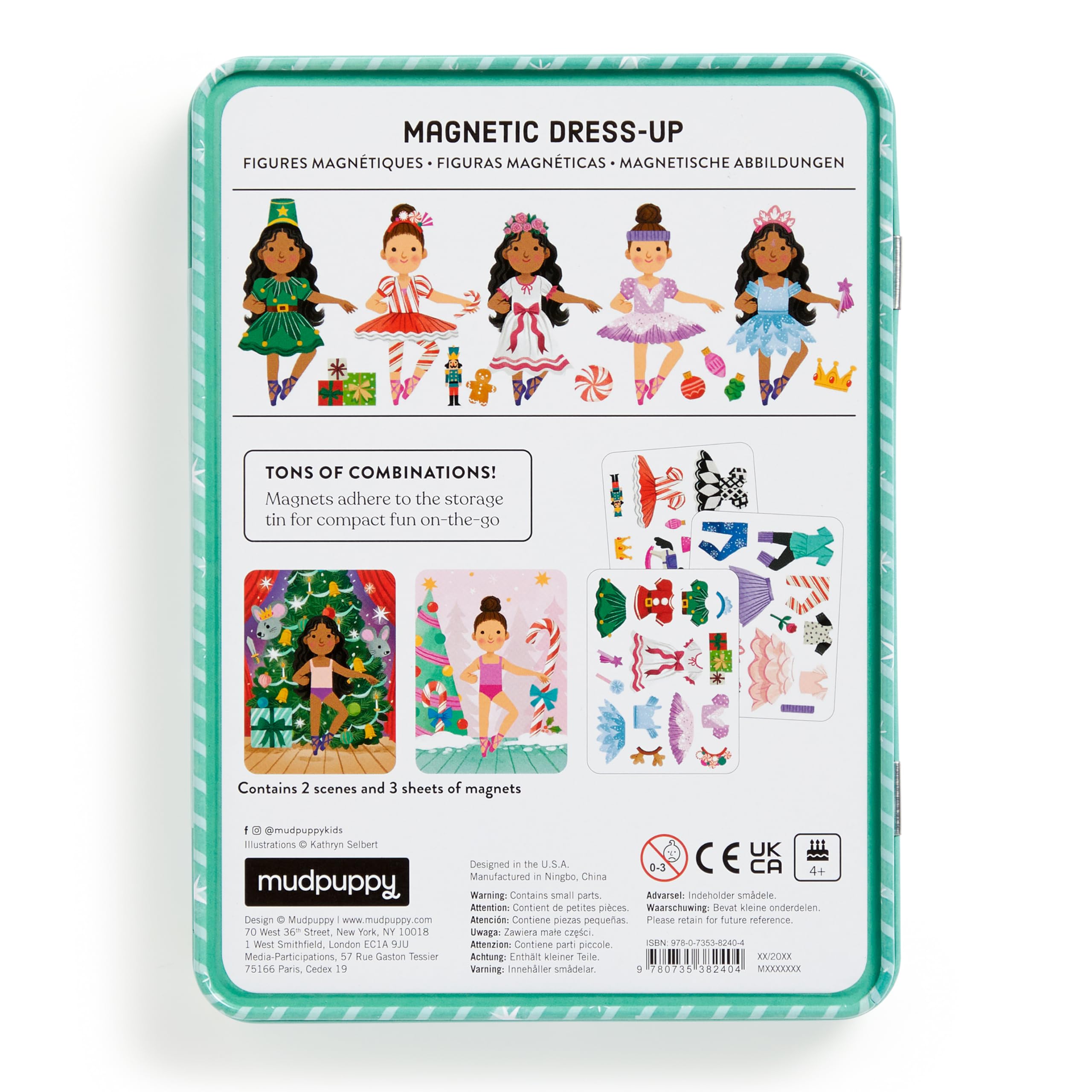 Two Mudpuppy Enchanted Nutcracker ballerina magnets enable creative outfit design.