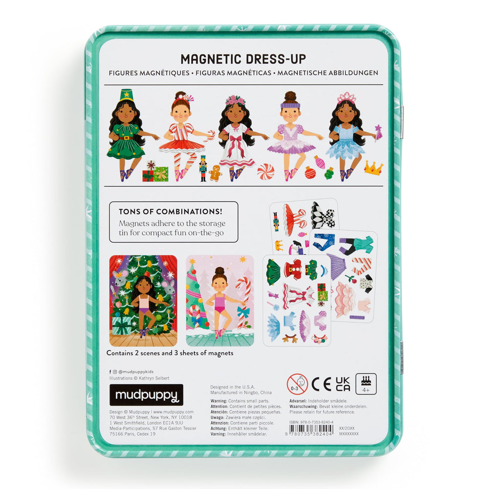 Two Mudpuppy Enchanted Nutcracker ballerina magnets enable creative outfit design.