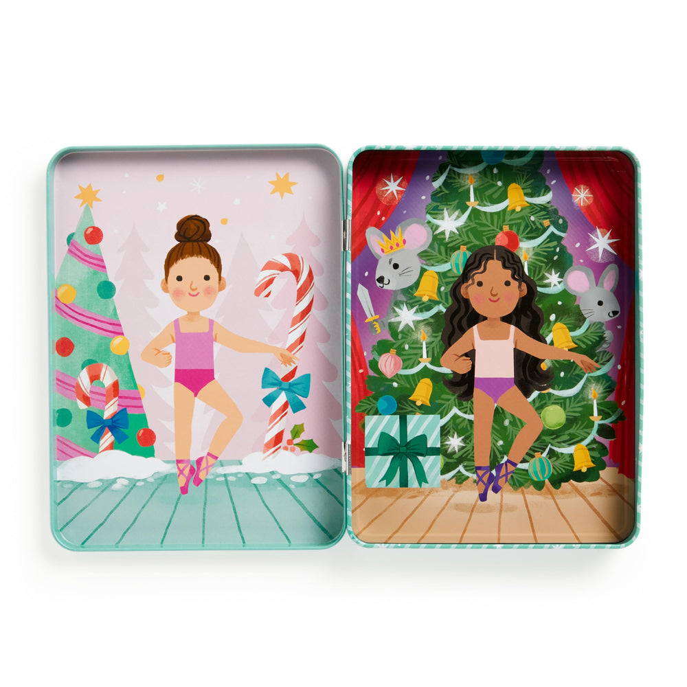 Sturdy hinged storage tin keeps Mudpuppy Enchanted Nutcracker magnets together.