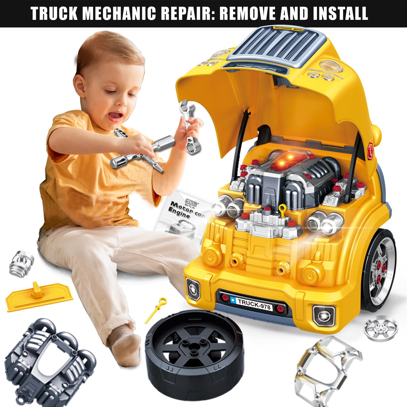 Removable engine panel invites take-apart play and exploration