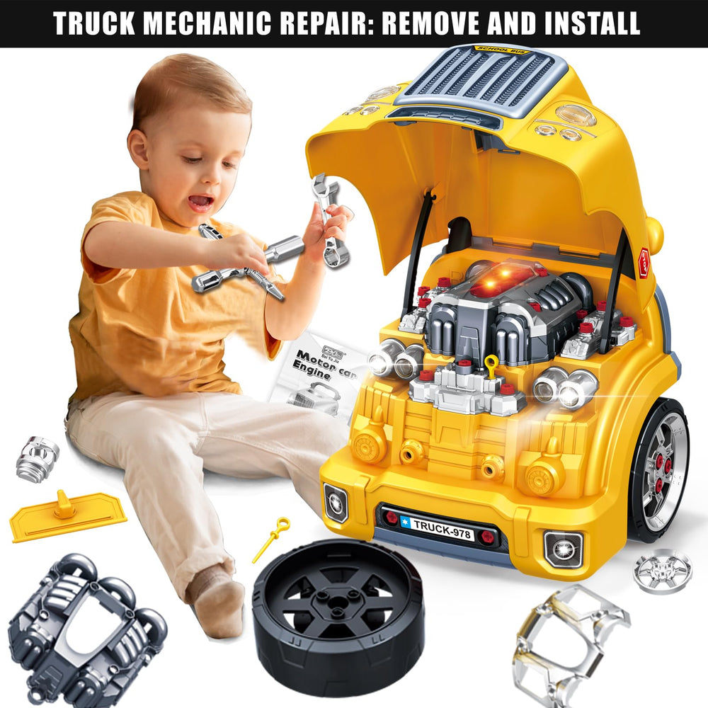 Removable engine panel invites take-apart play and exploration