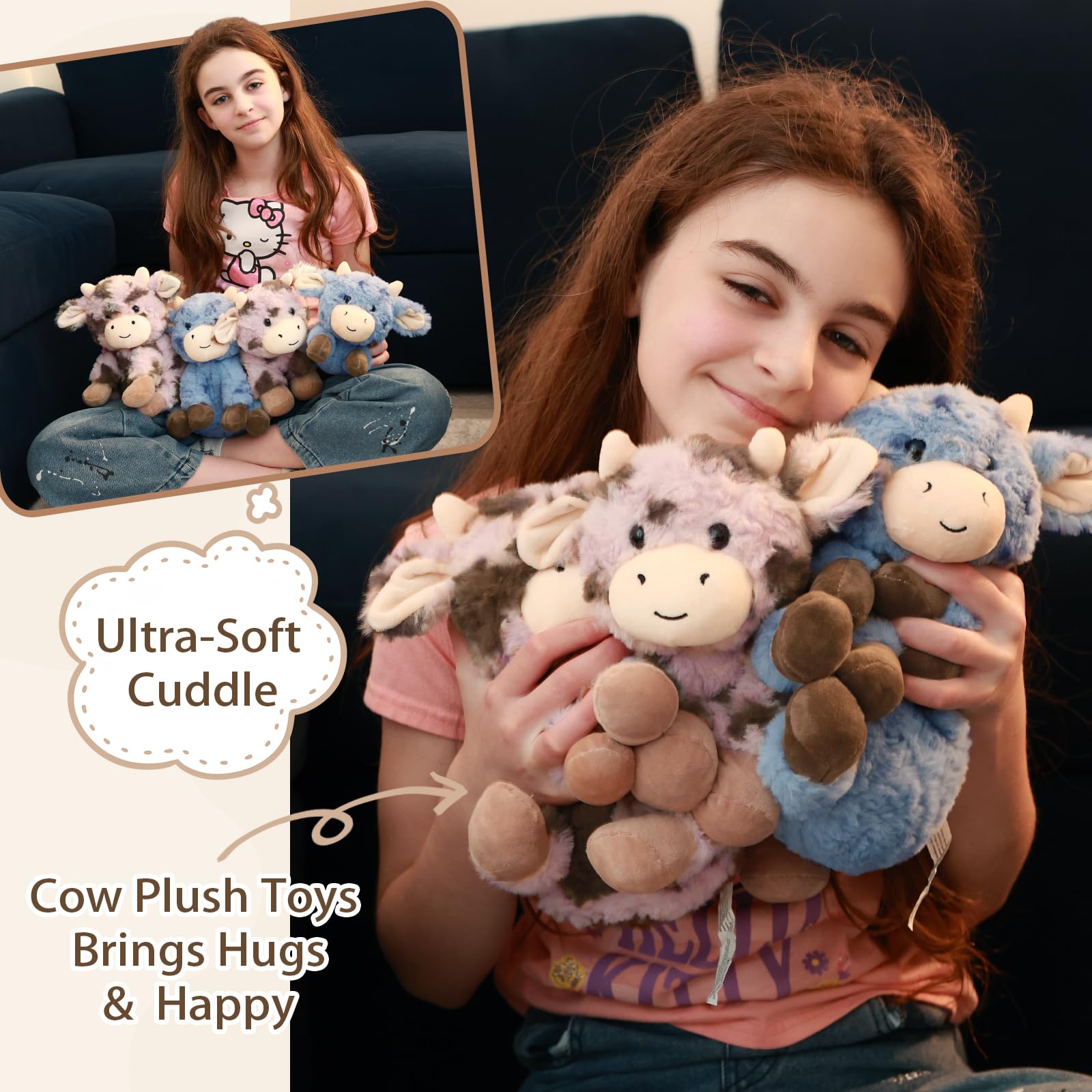 Muiteiur cow plush lounging pose ideal for relaxing stories and naps.