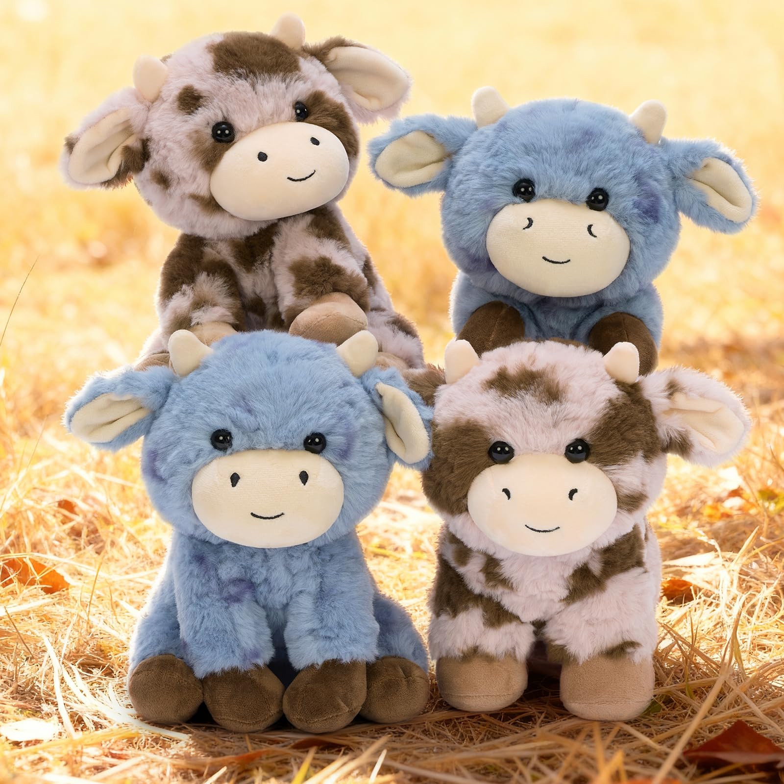 Muiteiur cow plush pink-blue bundle brightens bedrooms or party tables.
