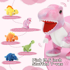Muiteiur pink dinosaur close-up shows soft fur texture for comfort.