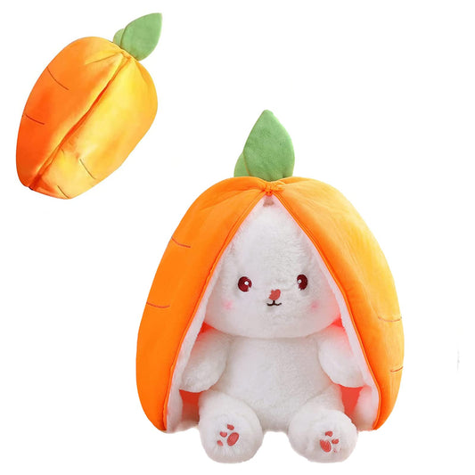 Mukorolee reversible carrot-strawberry bunny plush with zipper for easy transformation.