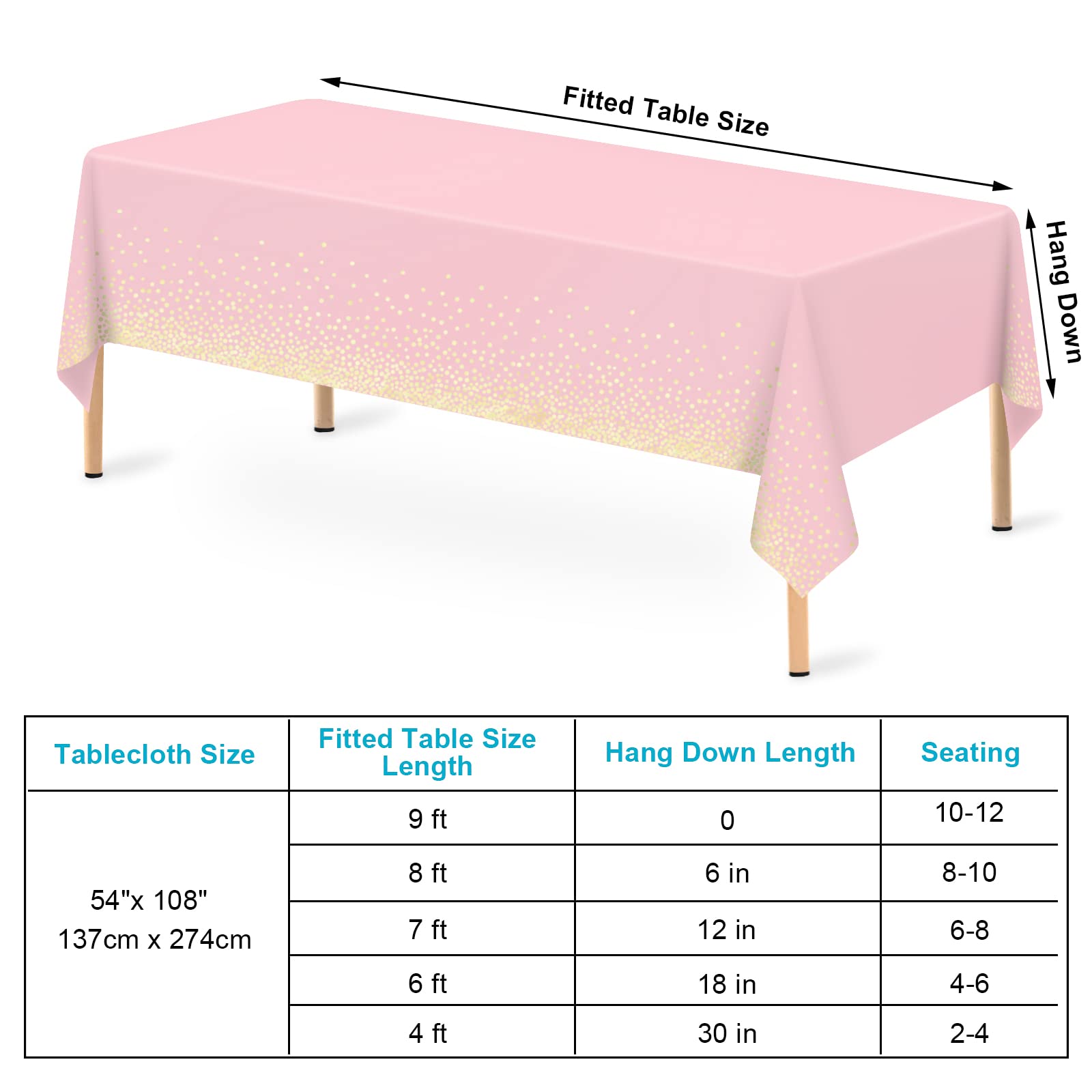 Mulbozy gold-dotted pink tablecover helps unify party decor and theme.