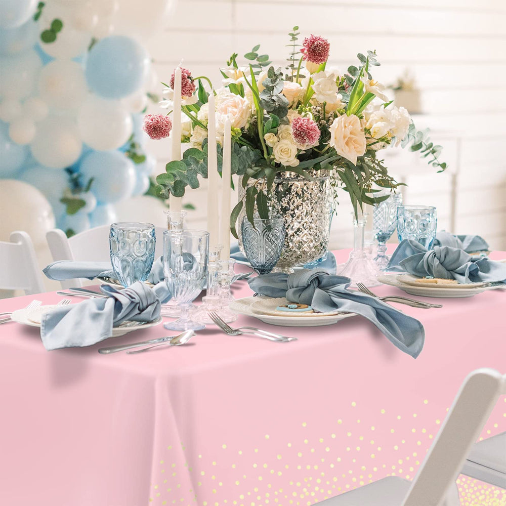 Mulbozy pink tablecover helps protect furniture while guests mingle and dine.