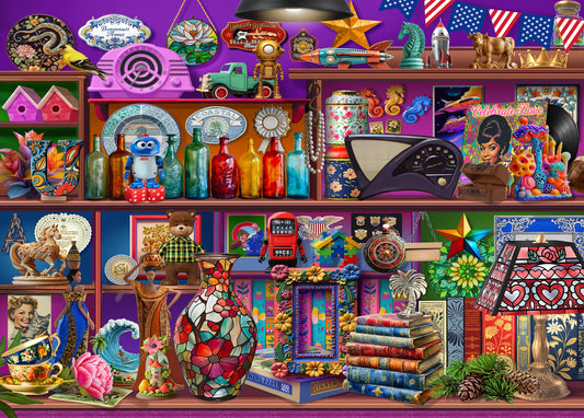 Mulic Collected 2 puzzle artwork featuring Chris Bigelow's retro radios and robots for relaxing solo puzzling