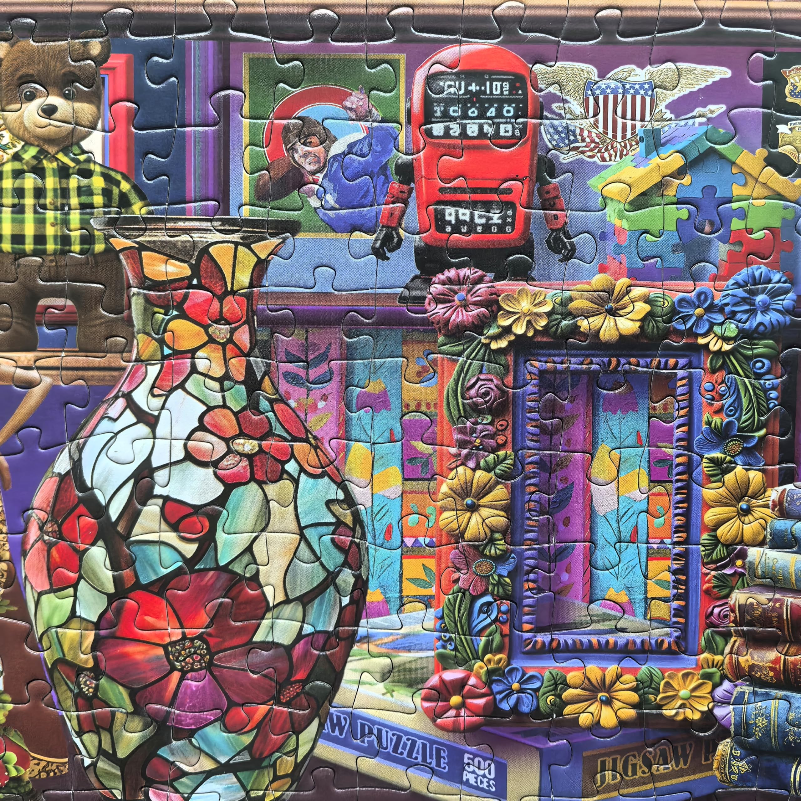 Mulic retro pop culture puzzle scene with radios and cartoon robots