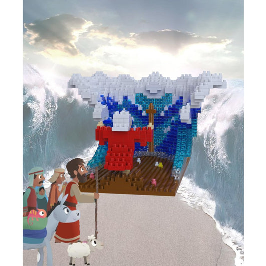 Multi-Blocks Moses parted Red Sea miniature figure showcased for history-based learning