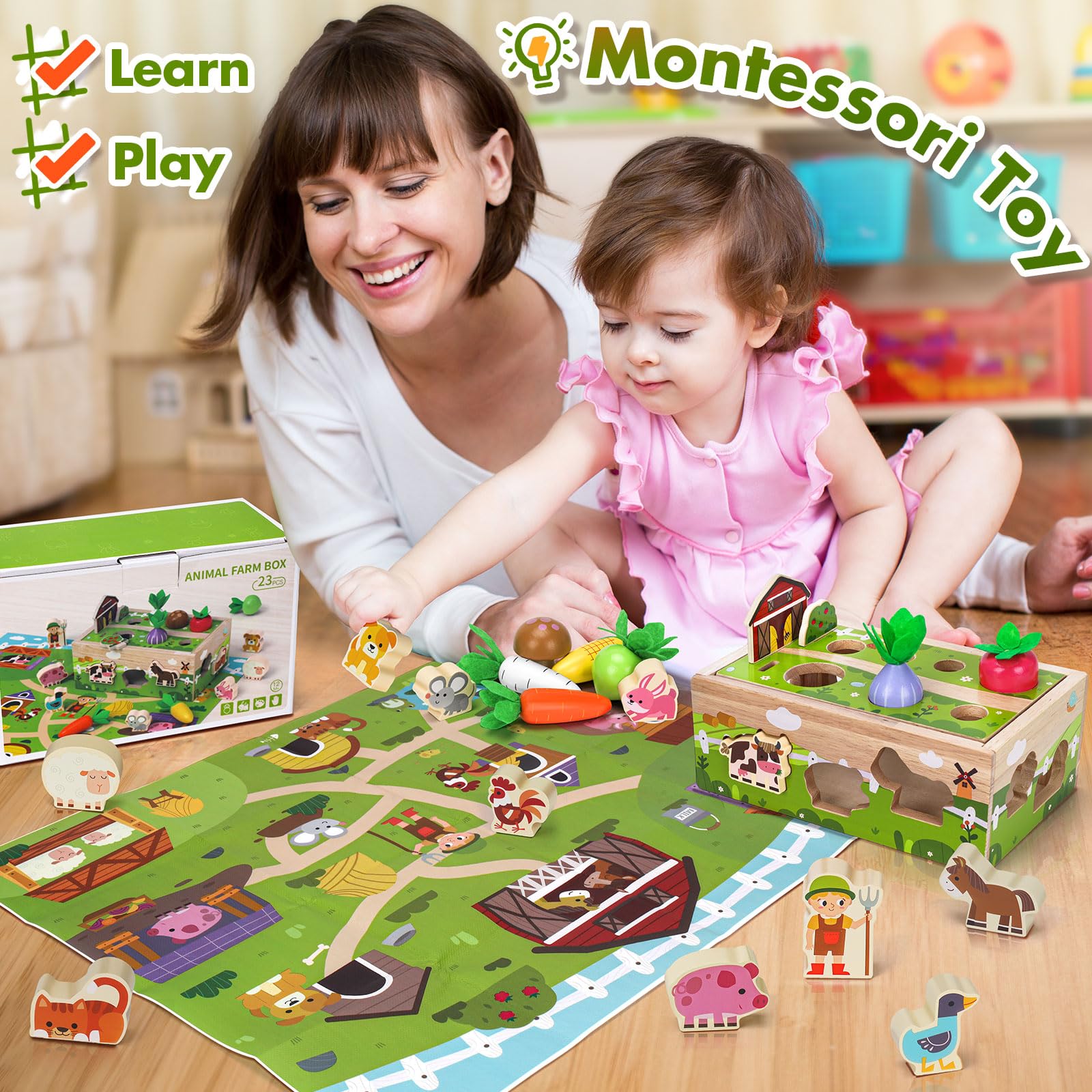 MuMua vegetable garden pieces enable creative sorting and pretend farming play.
