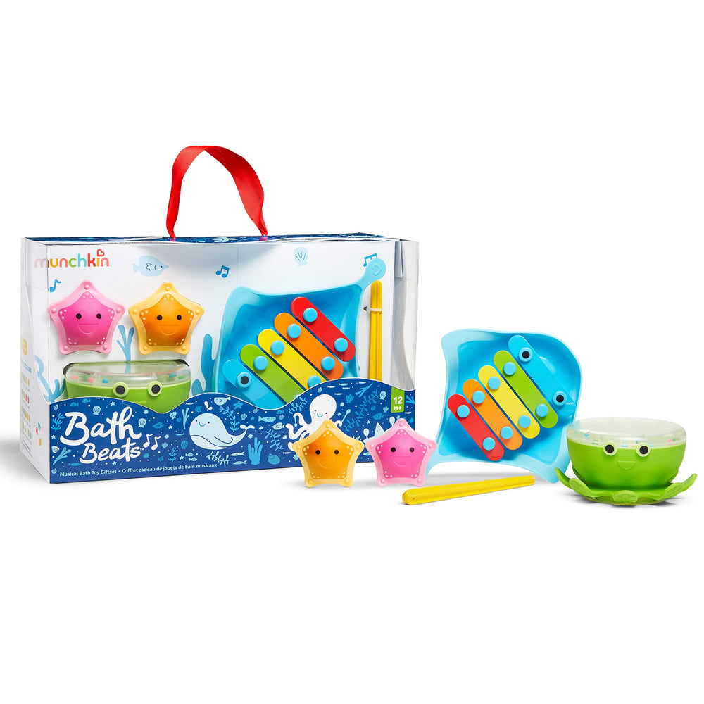 Munchkin Bath Beats dingray xylophone in tub for bright melodies