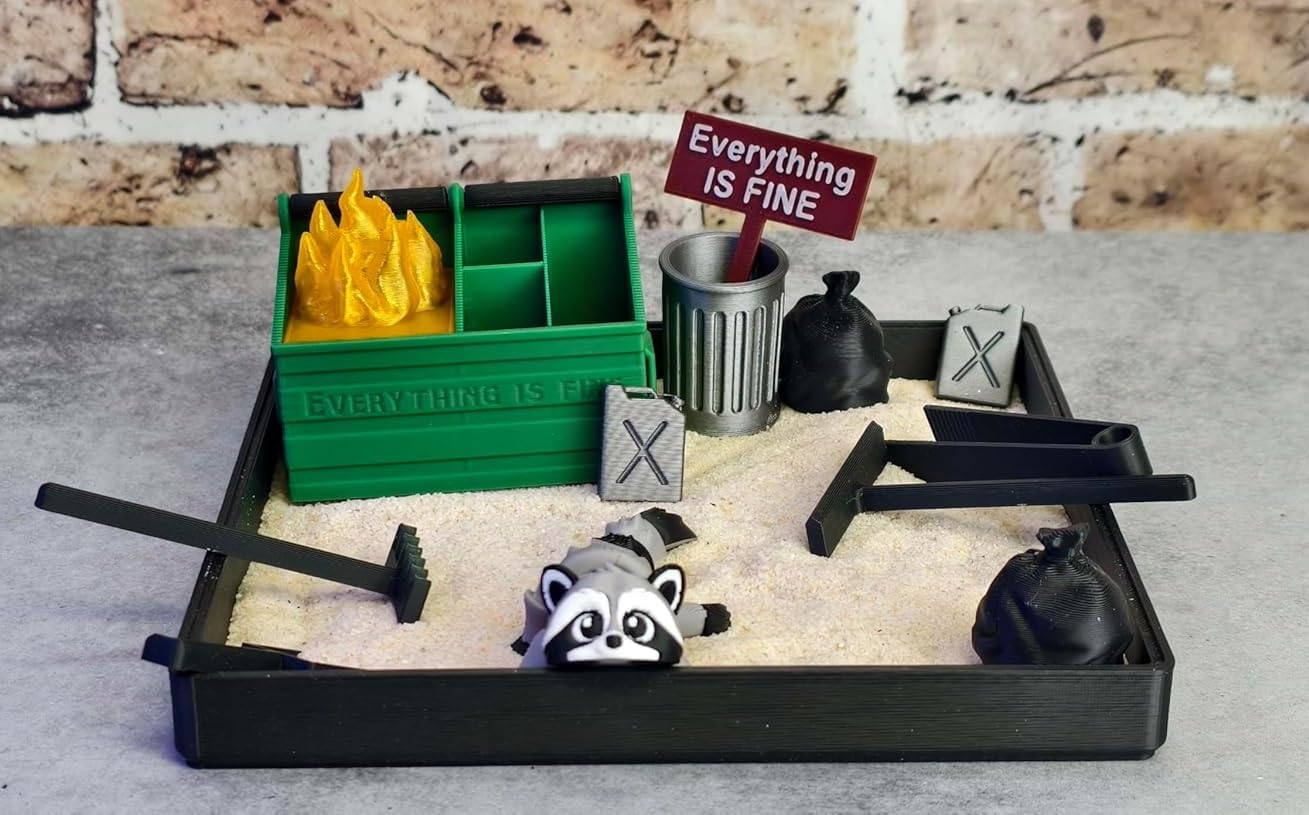 MunnyGrubbers Dumpster Fire Zen Garden 7x7 with sand for desk calm.