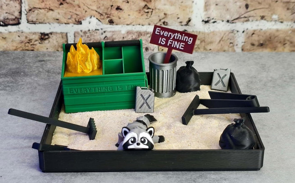 MunnyGrubbers Dumpster Fire Zen Garden 7x7 with sand for desk calm.