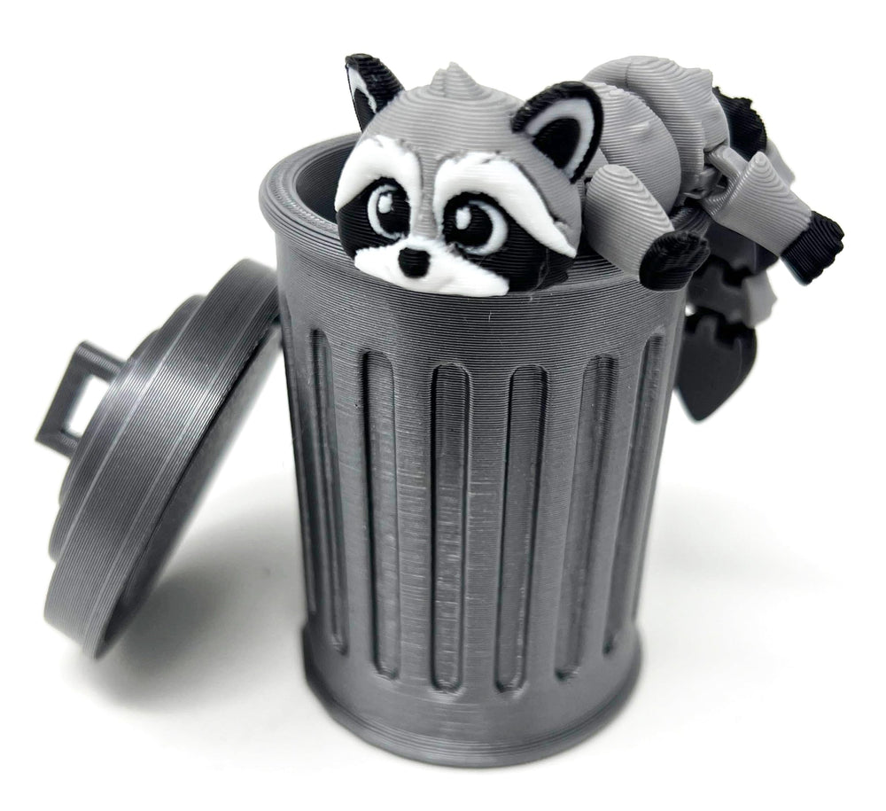 MunnyGrubbers raccoon with trashcan posing on desk for stress relief and focus
